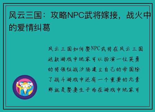 风云三国：攻略NPC武将嫁接，战火中的爱情纠葛